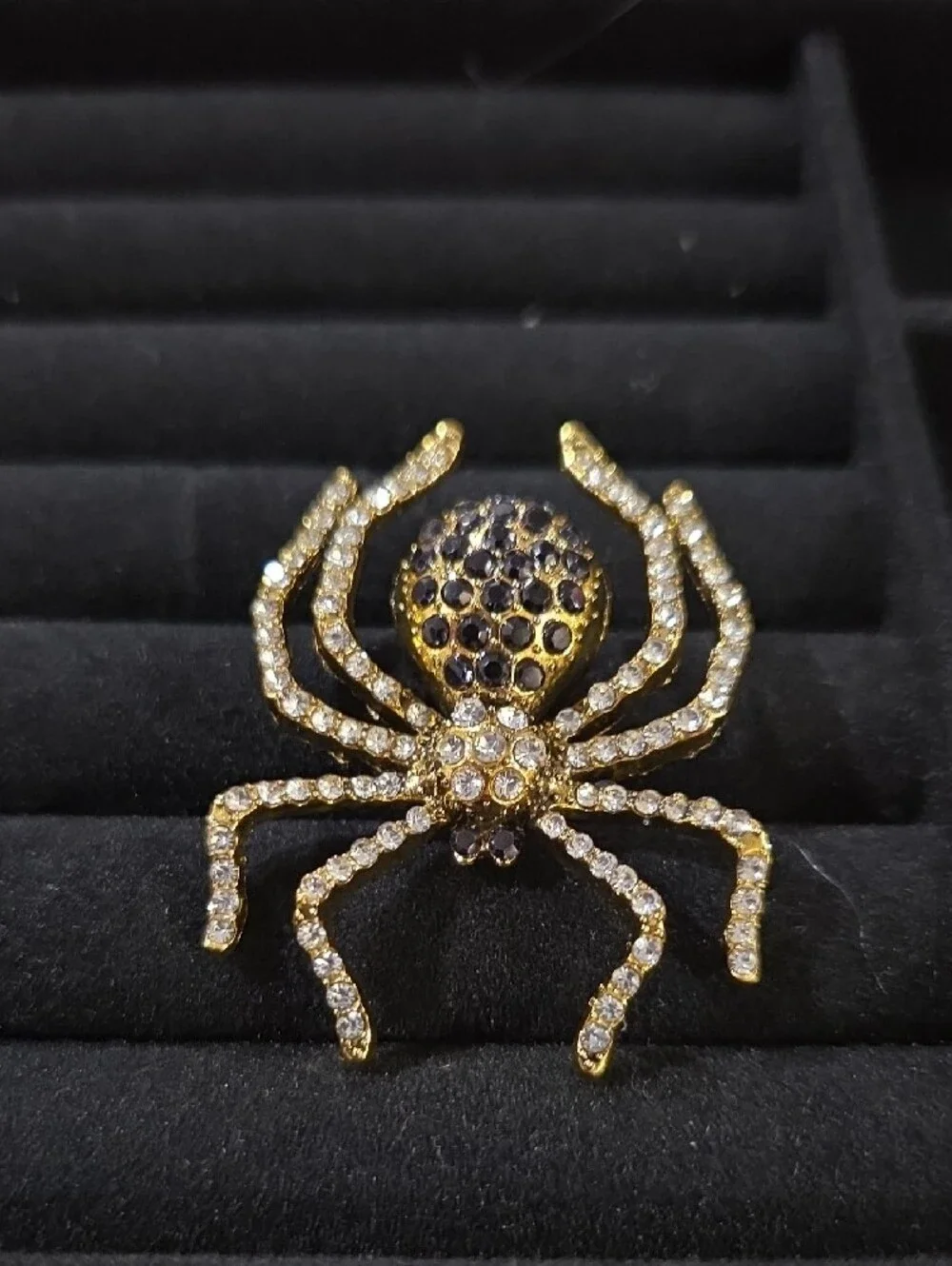 Gold and Black Rhinestone Spider Brooch - Women's Fashion Jewelry
